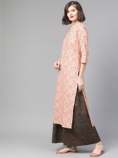 Nayo Women Peach & Purple Straight Floral Printed Kurta And Skirt Set
