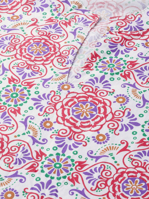 Nayo Women White & Red Straight Ethnic Motifs Printed Kurta And Skirt Set