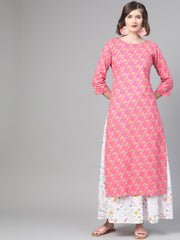 Nayo Women Pink & Multi Straight Floral Printed Kurta And Skirt Set