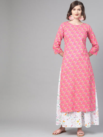 Nayo Women Pink & Multi Straight Floral Printed Kurta And Skirt Set