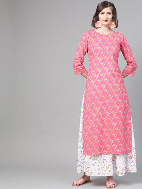 Nayo Women Pink & Multi Straight Floral Printed Kurta And Skirt Set