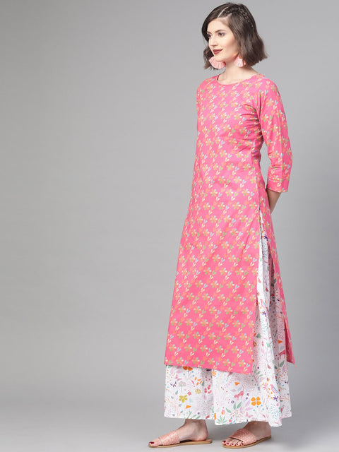 Nayo Women Pink & Multi Straight Floral Printed Kurta And Skirt Set