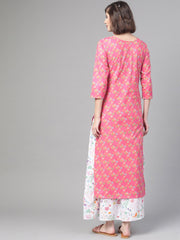 Nayo Women Pink & Multi Straight Floral Printed Kurta And Skirt Set