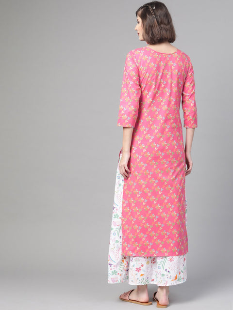 Nayo Women Pink & Multi Straight Floral Printed Kurta And Skirt Set