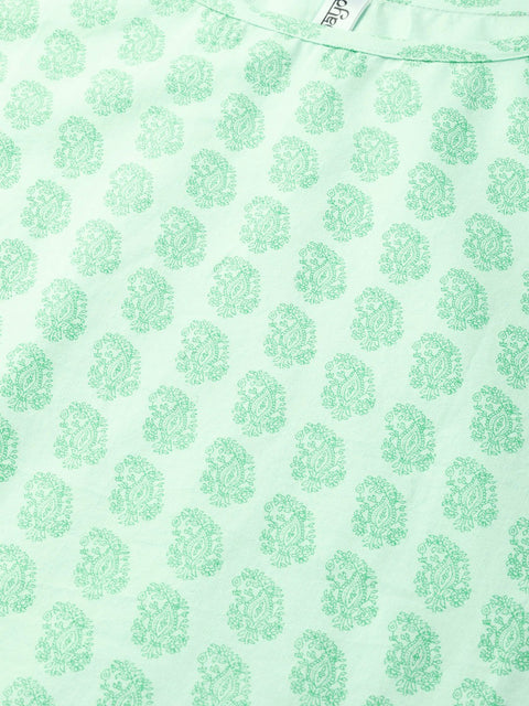 Nayo Women Green & Pink Straight Ethnic Motifs Printed Kurta And Skirt Set