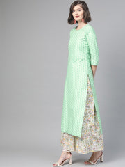 Nayo Women Green & Pink Straight Ethnic Motifs Printed Kurta And Skirt Set