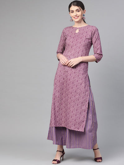 Nayo Women Mauve & Purple Straight Paisley Printed Kurta And Skirt Set