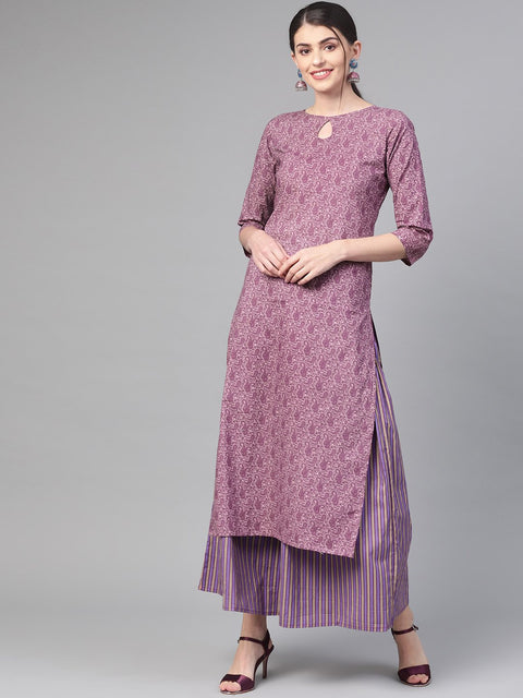 Nayo Women Mauve & Purple Straight Paisley Printed Kurta And Skirt Set