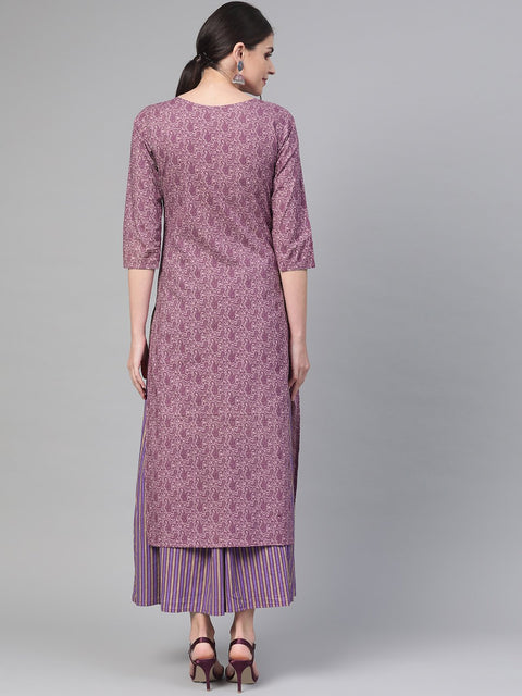 Nayo Women Mauve & Purple Straight Paisley Printed Kurta And Skirt Set