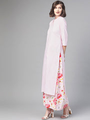 Nayo Women Pink & Red Straight Checked Printed Kurta And Skirt Set