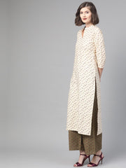 Nayo Women Cream & Olive Straight Floral Printed Kurta And Palazzos Set