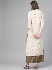 Nayo Women Cream & Olive Straight Floral Printed Kurta And Palazzos Set