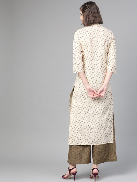 Nayo Women Cream & Olive Straight Floral Printed Kurta And Palazzos Set
