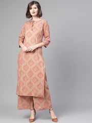 Nayo Women Beige & Pink Straight Geometric Printed Kurta And Palazzos Set