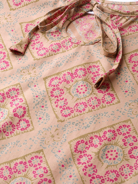 Nayo Women Beige & Pink Straight Geometric Printed Kurta And Palazzos Set