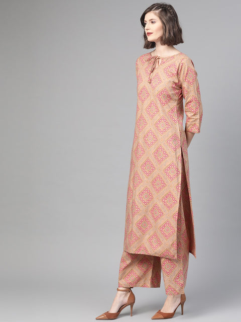 Nayo Women Beige & Pink Straight Geometric Printed Kurta And Palazzos Set