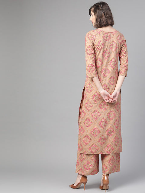 Nayo Women Beige & Pink Straight Geometric Printed Kurta And Palazzos Set
