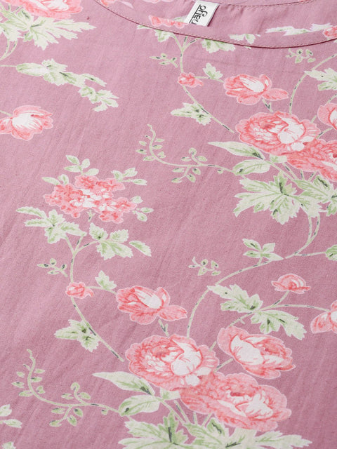 Nayo Women Pink & Green Straight Floral Printed Kurta And Skirt Set