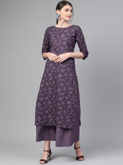 Nayo Women Purple &  Straight Floral Printed Kurta And Skirt Set
