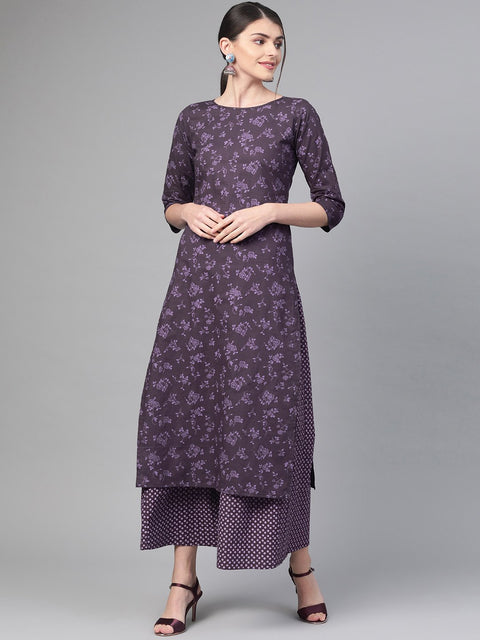 Nayo Women Purple &  Straight Floral Printed Kurta And Skirt Set