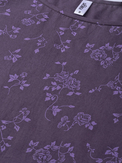 Nayo Women Purple &  Straight Floral Printed Kurta And Skirt Set