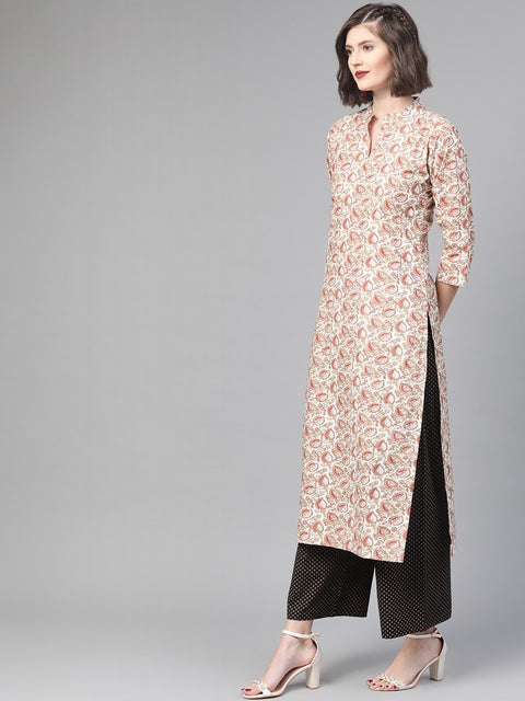 Nayo Women Off white & Beige Straight Floral Printed Kurta And Palazzos Set