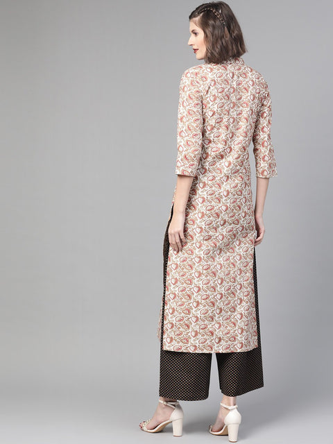 Nayo Women Off white & Beige Straight Floral Printed Kurta And Palazzos Set