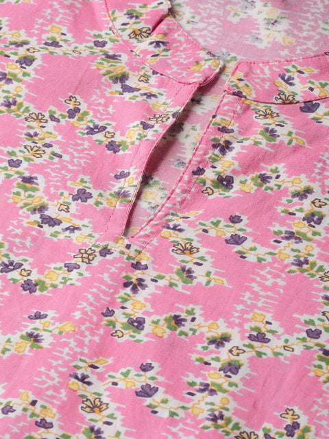 Nayo Women Pink & Off white Straight Floral Printed Kurta And Skirt Set