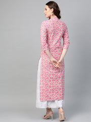 Nayo Women Pink & Off white Straight Floral Printed Kurta And Skirt Set