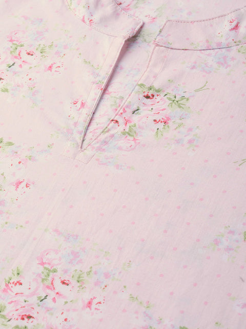 Nayo Women Pink & Green Straight Floral Printed Kurta And Skirt Set