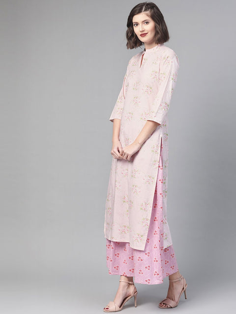 Nayo Women Pink & Green Straight Floral Printed Kurta And Skirt Set