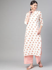 Women Off white & Peach Straight Floral Printed Kurta And Palazzos Set