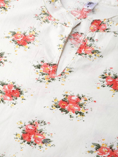 Women Off white & Peach Straight Floral Printed Kurta And Palazzos Set