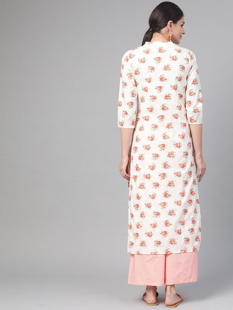 Women Off white & Peach Straight Floral Printed Kurta And Palazzos Set