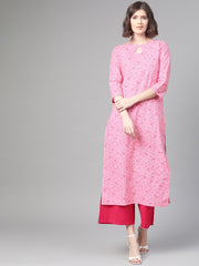 Nayo Nayo Adults-Women Pink & White Cotton Straight Floral Printed Kurta