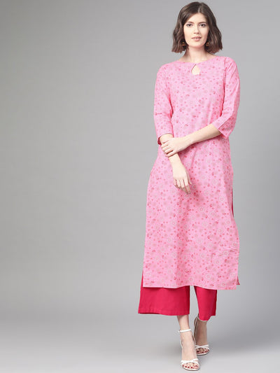 Nayo Nayo Adults-Women Pink & White Cotton Straight Floral Printed Kurta