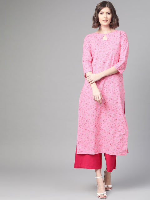 Nayo Nayo Adults-Women Pink & White Cotton Straight Floral Printed Kurta