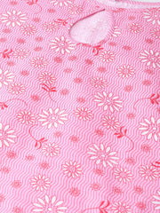 Nayo Nayo Adults-Women Pink & White Cotton Straight Floral Printed Kurta