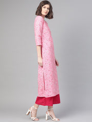 Nayo Nayo Adults-Women Pink & White Cotton Straight Floral Printed Kurta