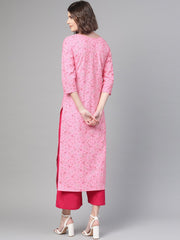 Nayo Nayo Adults-Women Pink & White Cotton Straight Floral Printed Kurta