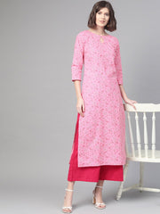 Nayo Nayo Adults-Women Pink & White Cotton Straight Floral Printed Kurta