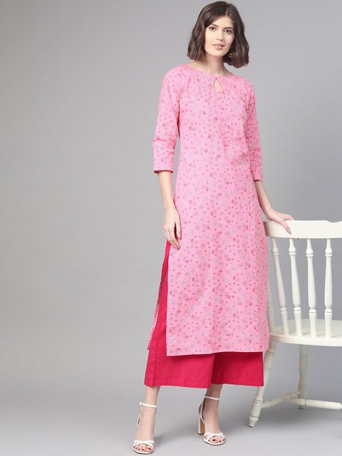 Nayo Nayo Adults-Women Pink & White Cotton Straight Floral Printed Kurta