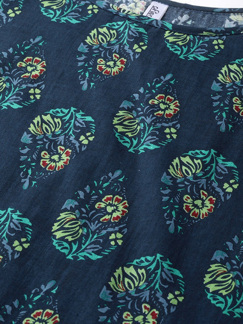 Nayo Women Navy Blue & Green Straight Ethnic Motifs Printed Kurta And Skirt Set