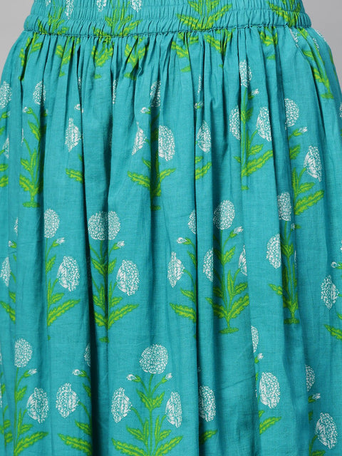 Nayo Women Navy Blue & Green Straight Ethnic Motifs Printed Kurta And Skirt Set