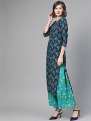 Nayo Women Navy Blue & Green Straight Ethnic Motifs Printed Kurta And Skirt Set