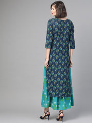 Nayo Women Navy Blue & Green Straight Ethnic Motifs Printed Kurta And Skirt Set