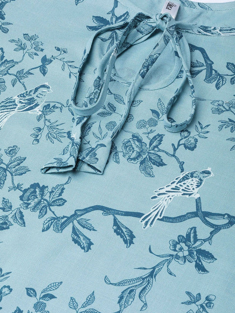 Nayo Women Teal & Navy Blue Straight Floral Printed Kurta And Skirt Set