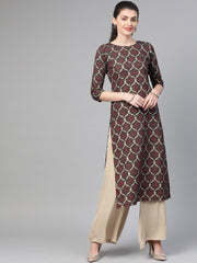 Nayo Nayo Adults-Women Olive & Gold Cotton Straight Geometric Printed Kurta