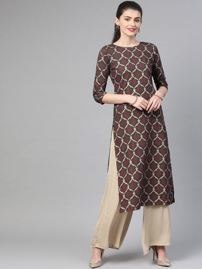 Nayo Nayo Adults-Women Olive & Gold Cotton Straight Geometric Printed Kurta