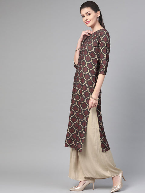 Nayo Nayo Adults-Women Olive & Gold Cotton Straight Geometric Printed Kurta